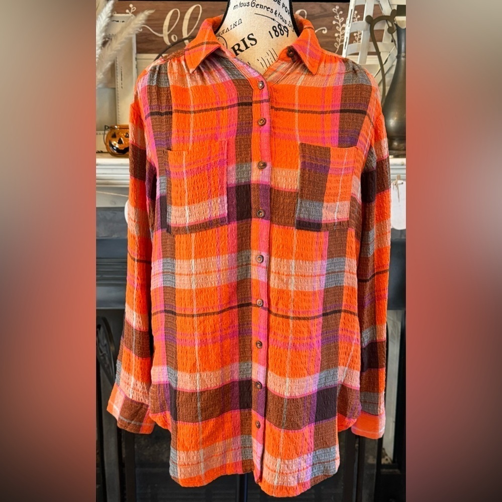 Pilcro Anthropologie Gauzy Oversized Flannel Orange Brown Plaid Button Down XS